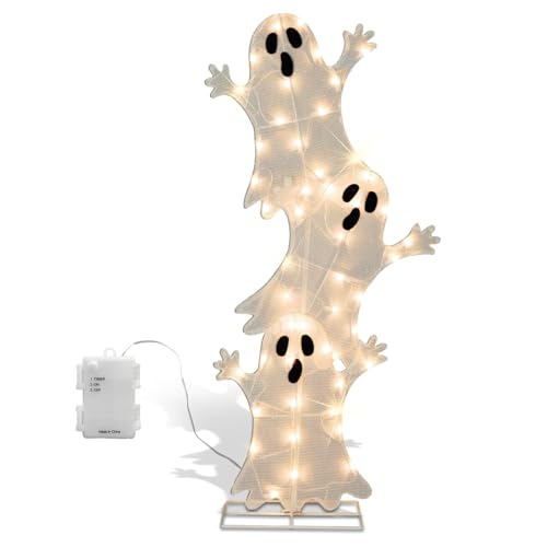Halloween Lighted Stacked Ghosts Decoration - Pre-Lit with 50 Warm White Lights, Spooky Outdoor Yard & Porch Accent - 42 Inch Tall - Variation: Stacked Ghost