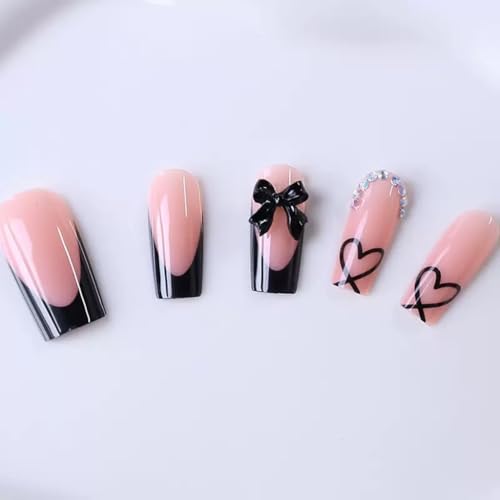 Medium Coffin Press-On Nails with Bow Charms - Black French Tip Fake Nails - Black Bow Variation - 24 Pcs