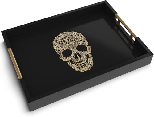 Gothic Skull Serving Tray with Black Gloss Finish & Gold Handles - Variation: SKULL