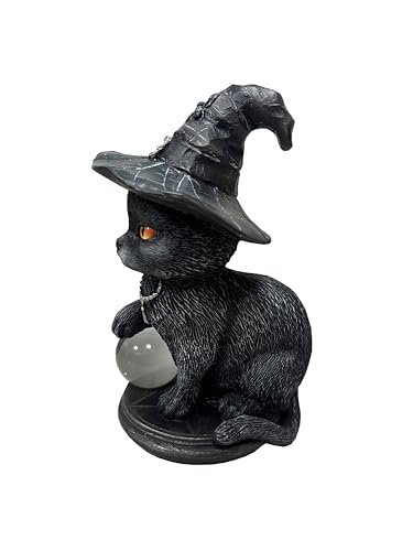Gothic Black Cat Figurine Witch Cat with Glass Ball - Handcrafted Resin Decor