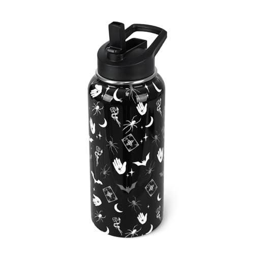 Goth Water Bottle with Straws 32oz Insulated Stainless Steel - Black Gothic Design