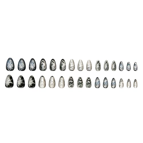 30pcs Gothic Press-On Nails Medium Almond Fake Nails with Silver Stripes & Pearl - Handmade-5