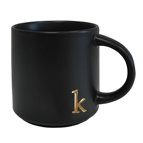 Black Ceramic Coffee Mug 15oz with Gold Monogram - Halloween Gift - Variation K