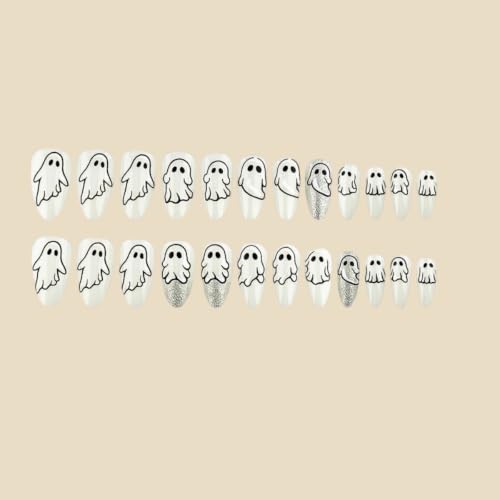 Halloween Ghost Fake Nails Set - Silver Glitter Almond Press On Nails with Cartoon Ghost Design - Variation 13