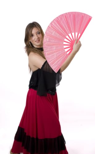 Large Folding Hand Fan Pink Glitter Party Festival Rave Concert Halloween - Light Pink