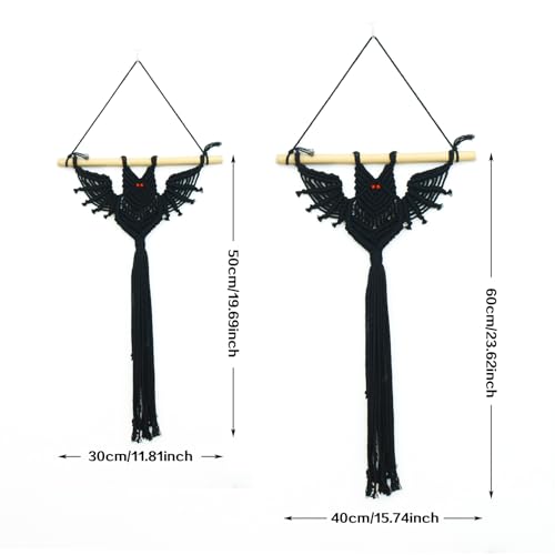 Halloween Black Macrame Bat Wall Hanging - Red Variation, Gothic Spooky Decor
