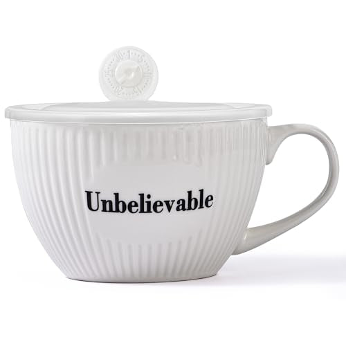 White 28 oz Soup Mug with Lid - Porcelain Meal Prep Bowl with Handle