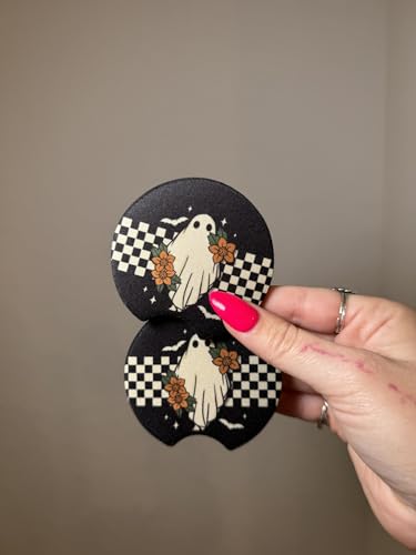 Halloween Car Coaster Set - Spooky Ghost & Bat Design, Absorbent Neoprene, Fits Most Vehicles
