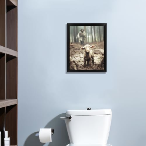 Christian Wall Art Jesus Chasing Lamb Canvas Framed Decor 16x12 Navy