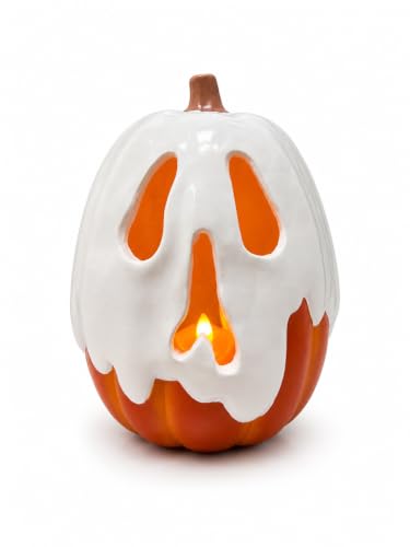 Large Halloween Ghost Pumpkin Decor with Flameless Candle - Indoor Outdoor Table Centerpiece