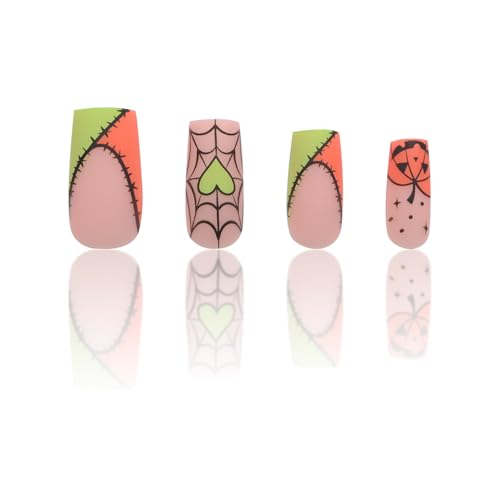 Halloween French Tip Press On Nails - Pumpkin Square Shape Fake Nails w4