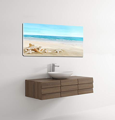 Beach Canvas Wall Art - Ocean Scene with Starfish & Seashells, 48x24 Inches Seashell Seaside Variation