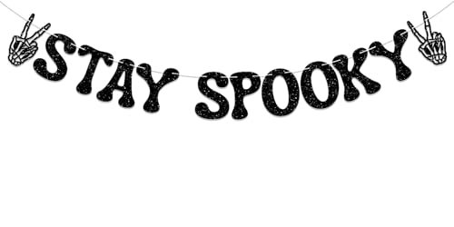 Halloween Banner Stay Spooky Skeleton Peace Sign Glitter Decor - Black