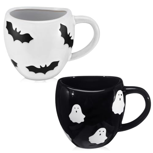 Halloween Coffee Mug Set - 14 oz Ceramic Ghost & Bat Cups, Spooky Holiday Drinkware