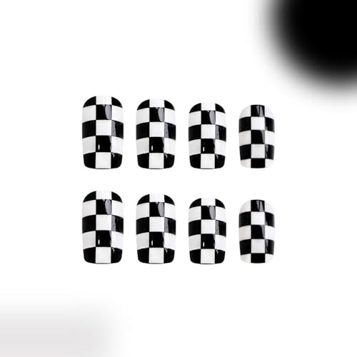 Press on Nails Short Square Black White Checkerboard Design - Style 11