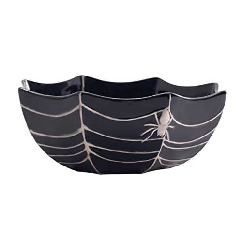 Halloween Spider Web Ceramic Candy Bowl 9.5 Inch Black Treat Dish - Microwave & Dishwasher Safe