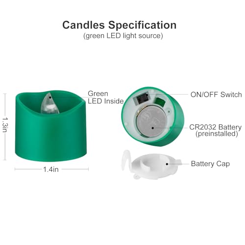 Green Flickering Flame Tea Lights with Auto 6H Timer - Battery Operated, Curved Design