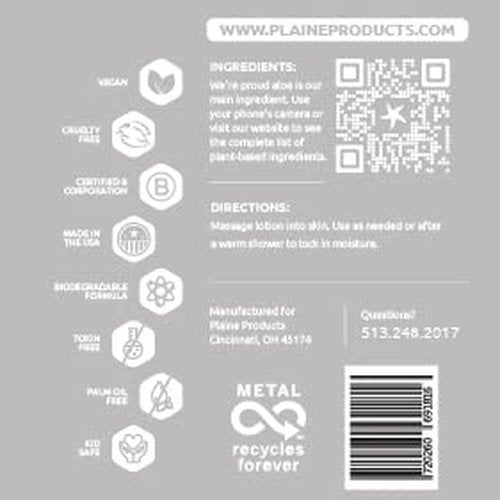 Plaine Products Eco-Friendly Lotion - Unscented - Sulfate/Paraben/Phthalate Free, 16oz (Refillable Aluminum Bottle with Pump)