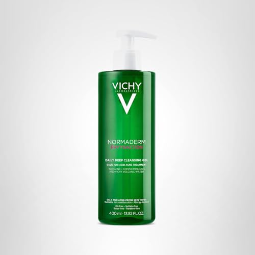VICHY Normaderm Daily Acne Face Wash, 0.5% Salicylic Acid Cleanser, Gel Cleanser For Oily Skin, Removes Excess Oil, Dirt & Clogged Pores, Oil Free Acne Wash, Soap & Sulfate Free, Non-Drying