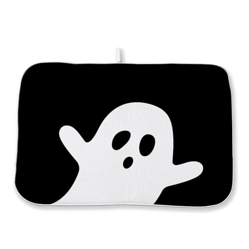 Halloween Dish Drying Mat 18x24 Inches - Ghost Fall Kitchen Decor - Black & White Variation 02