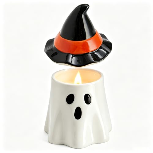 Ghost Jar Candle with Witch Hat - Halloween Decor, Soy Wax, Reusable Ceramic