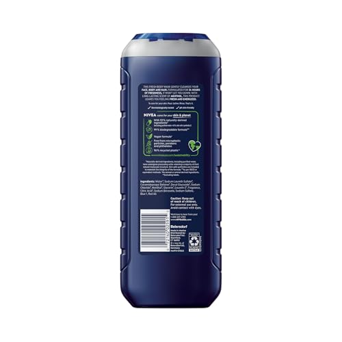 NIVEA MEN Fresh Wave Body Wash with Menthol, Refreshing Scent, 3-in-1 Men's Body Wash, Face and Hair, Paraben Free, Vegan Formula, 16.9 Fl Oz Bottle, Pack of 3