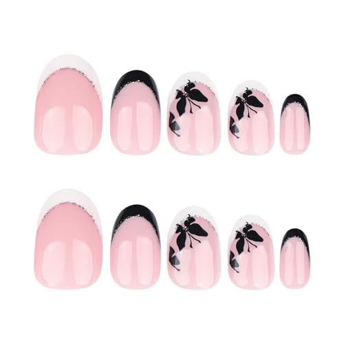 French Tip Press-On Nails Short Oval Fake Nails with Butterfly Design & Sparkling Tips - Variation 62