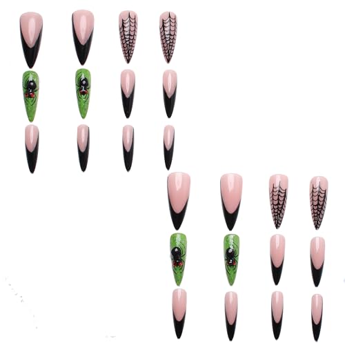Long Black French Tip Stiletto Press On Nails with Green Black Variation - 24pcs Halloween Web Design