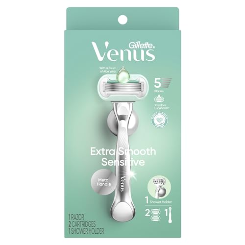 Gillette Venus Extra Smooth Sensitive Razor for Women, Includes 1 Reusable Razor Handle + 2 Refills, for Sensitive Skin with Metal Handle and Shower Holder