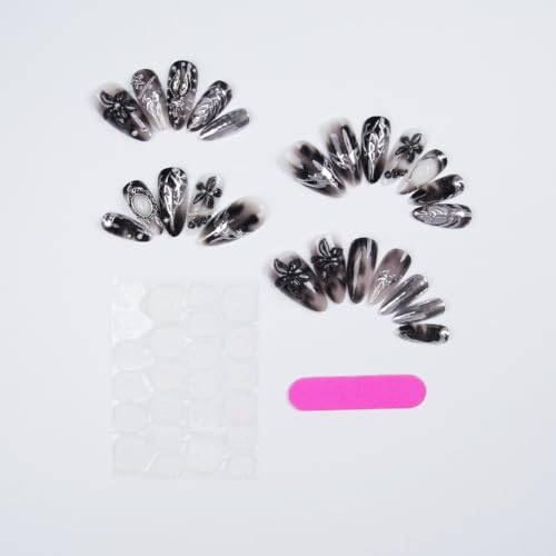 Halloween Y2K Black Press On Nails with 3D Flowers & Silver Charms - Variation 1272