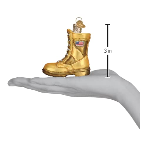 Military Boot Glass Ornament - Gold Combat Boot with Flag Patch, 3x2.75 Inches, Handcrafted Holiday Decor