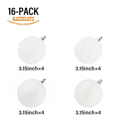 Christmas Ball Ornaments 16 Pack - Shatterproof Large Hanging Xmas Decorations, White, 3.15"