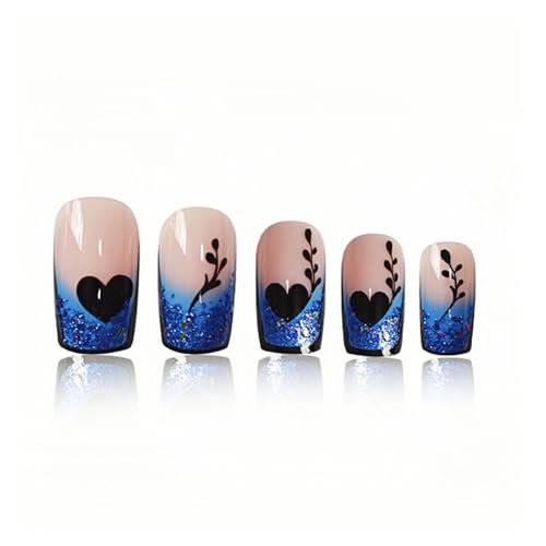 Press On Nails Short Square Gradient Glitter Heart Design with Glue & Tools - 24Pcs