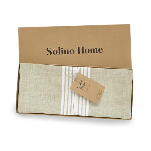 Linen Table Runner 14x120 Inch White & Khaki Striped - Farmhouse Decor - Handcrafted