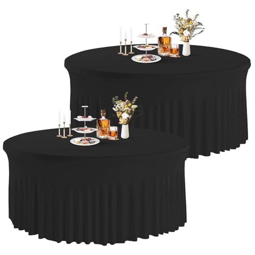 Black 5ft Round Spandex Tablecloth with Skirt - 60 Inch Fitted Wrinkle-Free Cover for Wedding & Events - 2 Pack
