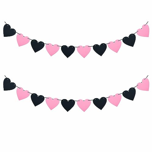 Black and Pink Felt Heart Garland for Gothic Wedding & Party Decorations