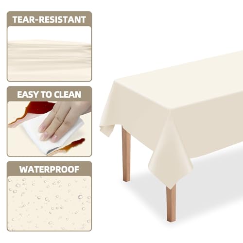 Ivory Disposable Plastic Tablecloth 54 x 108 Inch Pack of 2 - Waterproof & Tear-Resistant