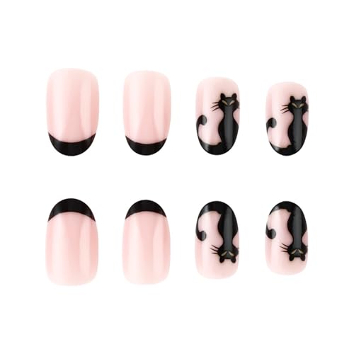 Halloween Style2 Short Oval Press-On Nails with Cute Cat Designs - Reusable Glue-On False Nails for Women, Manicure Decoration, 24 Pcs