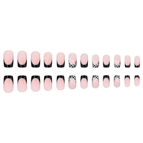 Halloween Press On Nails Square - Black French Tip, Medium, Nude Pink, Style-04, 24 Pieces
