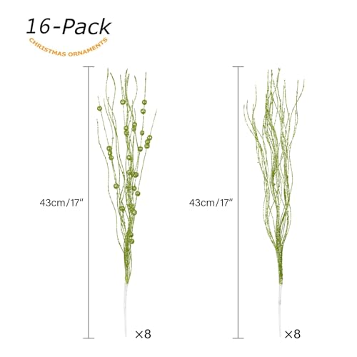 Artificial Glitter Berry Picks Set of 16 - Green Christmas Decorations