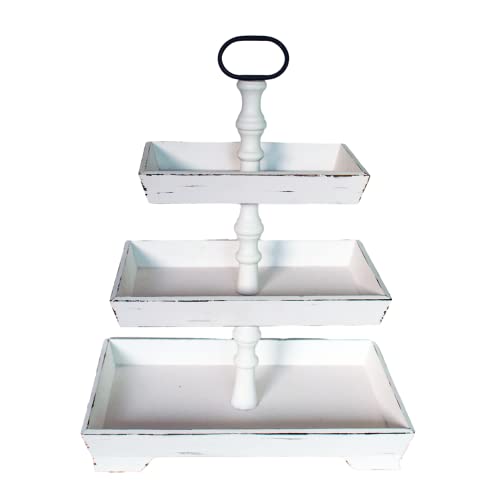 3-Tier Rectangle Serving Stand with Rustic Farmhouse Style and Metal Handle