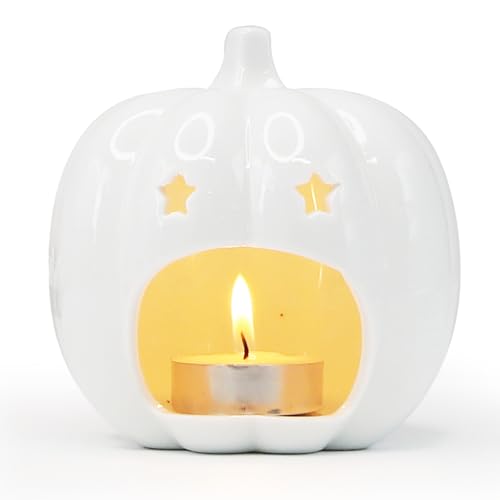 Ceramic White Pumpkin Candle Holder with Star Holes - Halloween Decor - Variation H01