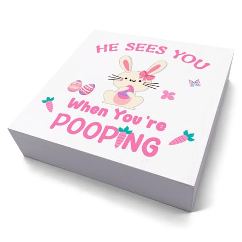 Pooping Bunny Wooden Sign - Easter Farmhouse Bathroom Decor, Rustic Wood Plaque - Pooping 3 Variant