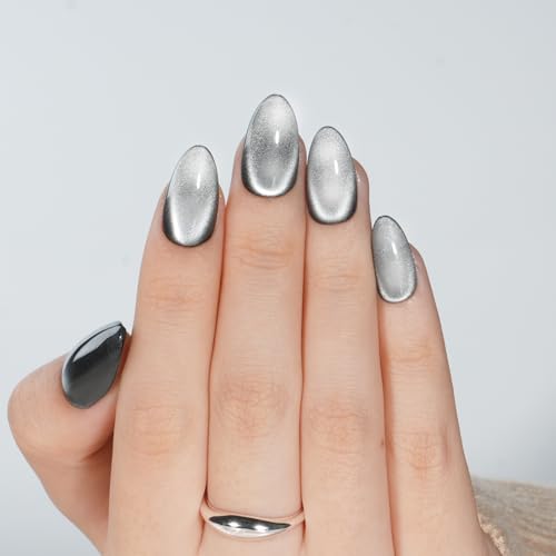 Herlight Graphite Pulse Black Cat Eye Reusable Press On Nails - Almond, Silver Shimmer, Short Style