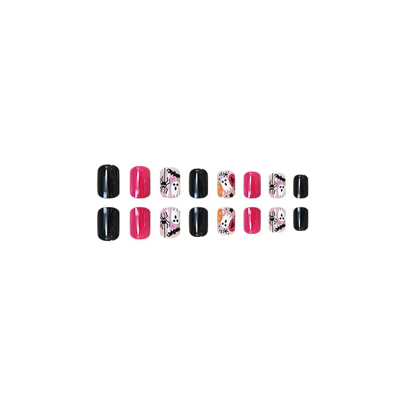Halloween Ghost Spider Short Square Press-On Nails - Hot Pink Black, Reusable