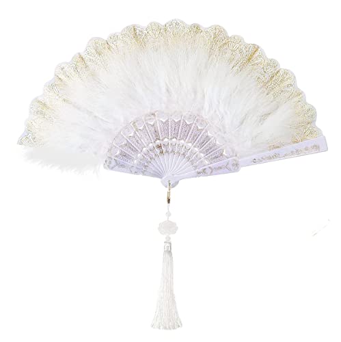 Vintage Style Folding Feather Hand Fan with Embroidered White Detailing - 1920s Flapper Accessory