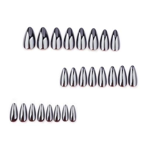 Black Chrome Almond Press On Nails - Medium False Nails with Design, Reusable Gel Adhesive, Style-18 / Style-A, 24 Pcs