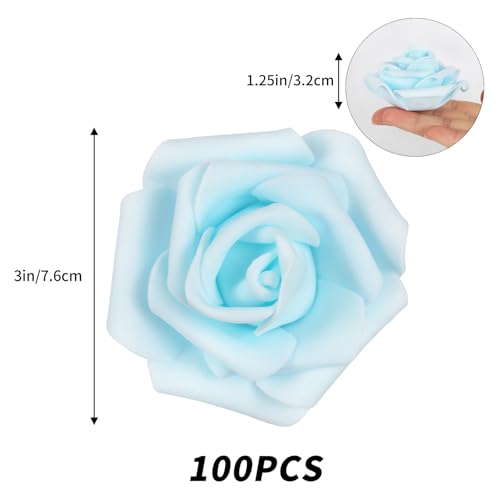 Artificial Light Blue Rose Flower Heads - 100pcs Foam Fake Roses for DIY Wedding & Party Decor