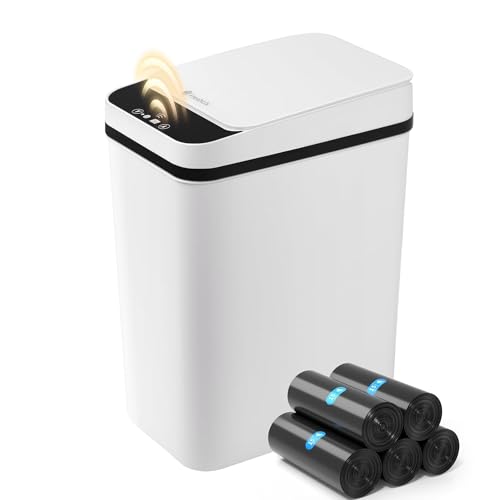 FRESHLIX 4 Gallon Touchless Bathroom Trash Can with Lid - White, Battery Operated