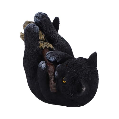 Witch’s Broomstick Black Cat Figurine - Hand-Painted Resin Gothic Decor
